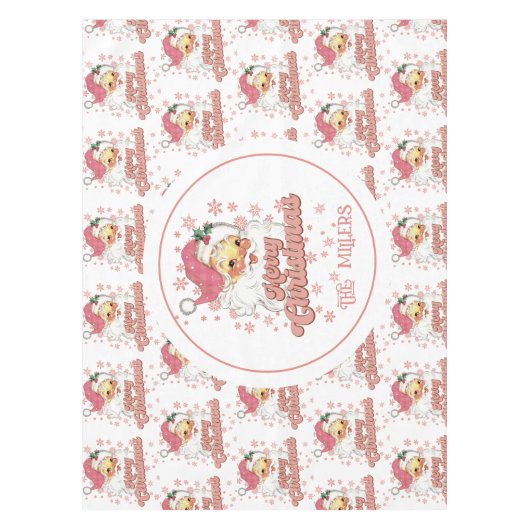 メリークリスマスレトロタイポグラフィサンタピンクハット テーブルクロス (正面)