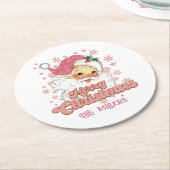 メリークリスマスレトロタイポグラフィサンタピンクハット ラウンドペーパーコースター (アングル)