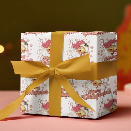 メリークリスマスレトロタイポグラフィサンタピンクハット ラッピングペーパー