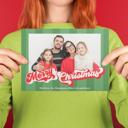 メリークリスマスレトロタイポグラフィフォトグリーン シーズンポストカード