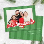 メリークリスマスレトロタイポグラフィフォトグリーン シーズンポストカード