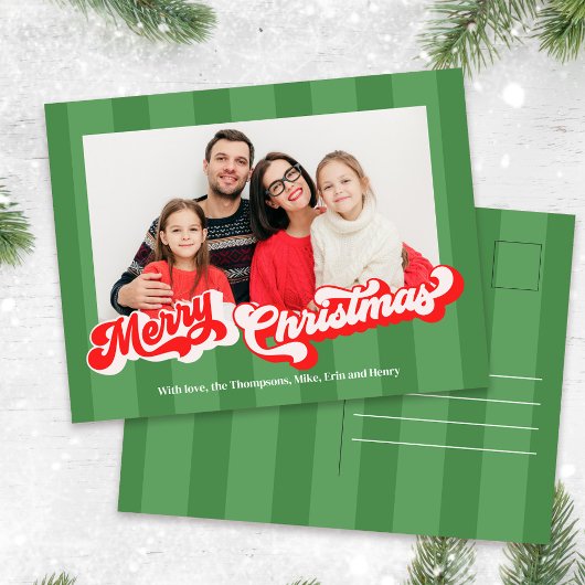 メリークリスマスレトロタイポグラフィフォトグリーン シーズンポストカード
