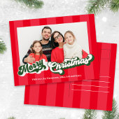 メリークリスマスレトロタイポグラフィフォトレッドグリーン シーズンポストカード