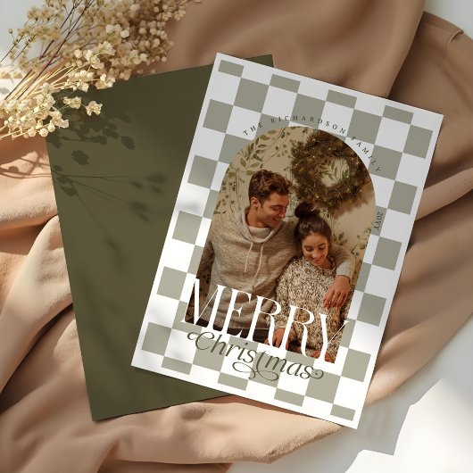 メリークリスマスレトロチェッカーボードアーチ写真 シーズンカード