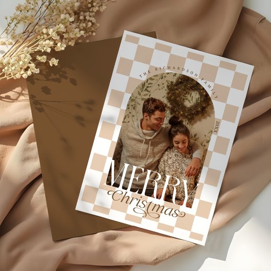 メリークリスマスレトロチェッカーボードアーチ写真 シーズンカード
