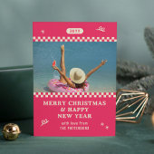 メリークリスマスレトロピンクパーソナライズされた写真 シーズンカード