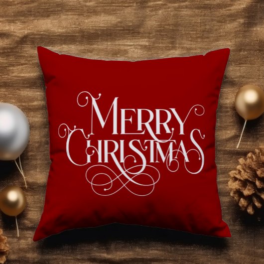 メリークリスマスレトロホワイトタイポグラフィオンレッド クッション