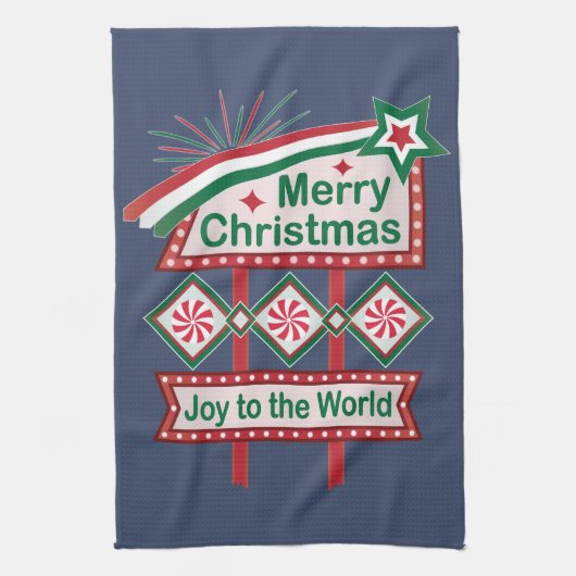 メリークリスマスレトロマーキー – Joy to the World キッチンタオル (縦)