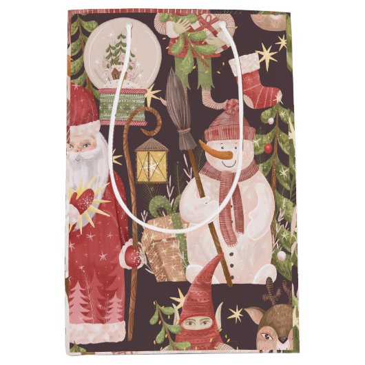 メリークリスマスレトロヴィンテージサンタクロース ミディアムペーパーバッグ (正面)