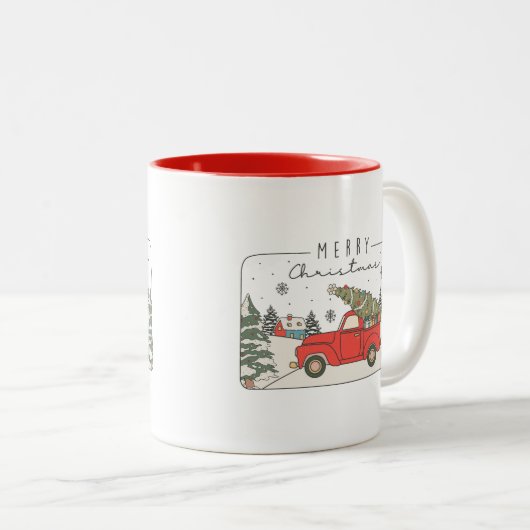 メリークリスマスレトロヴィンテージレッドトラックとツリー ツートーンマグカップ (正面右)