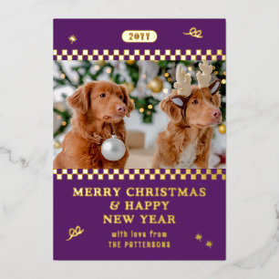 メリークリスマスレトロ紫の写真パーソナライズされた 箔シーズンカード