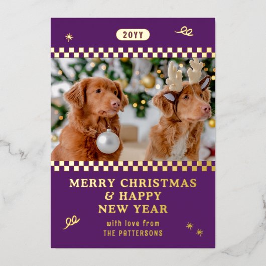 メリークリスマスレトロ紫の写真パーソナライズされた 箔シーズンカード (正面)