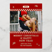 メリークリスマスレトロ赤パーソナライズされた写真 箔シーズンカード (正面)