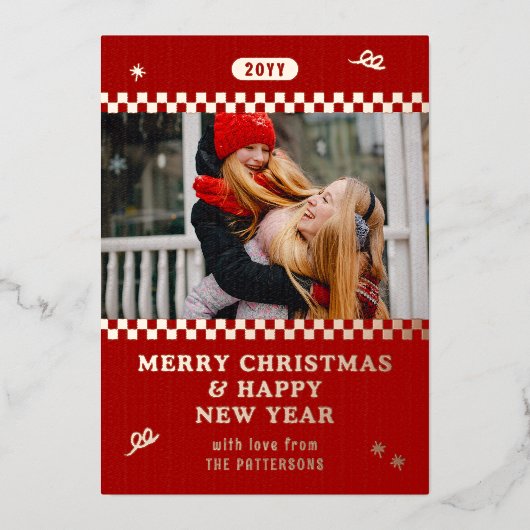 メリークリスマスレトロ赤パーソナライズされた写真 箔シーズンカード (正面)