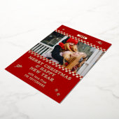 メリークリスマスレトロ赤パーソナライズされた写真 箔シーズンカード (回転した状態)