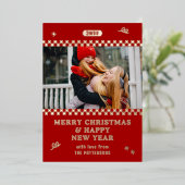 メリークリスマスレトロ赤パーソナライズされた写真 箔シーズンカード (立ち正面)
