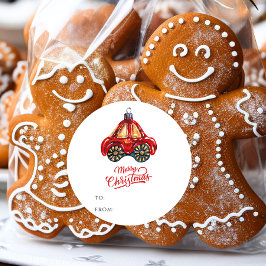 メリークリスマスレトロ車のオーナメントギフト名 ラウンドシール