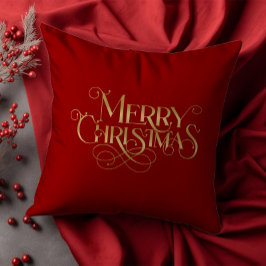 メリークリスマスレトロ金ゴールドタイポグラフィオンレッド クッション