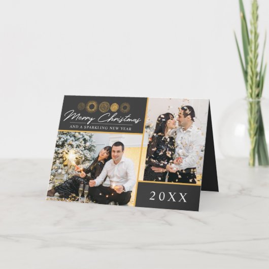メリークリスマスレトロ金ゴールドバースト写真グリーティング カード (正面)