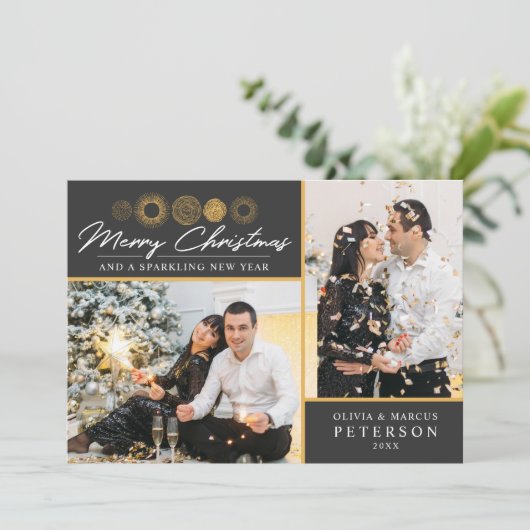 メリークリスマスレトロ金ゴールドバースト写真グリーティング シーズンカード (スタンド正面)
