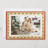 メリークリスマスレトロ金ゴールド赤いストライプクリスマスフレームフォト シーズンカード (正面)