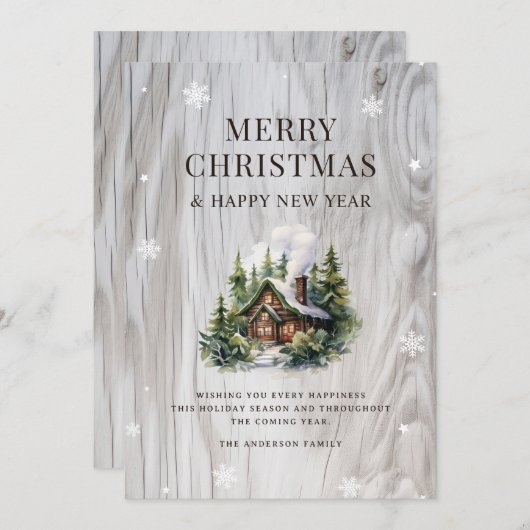 メリークリスマスログキャビン素朴ウッドスノーフレーク シーズンカード (正面/裏面)
