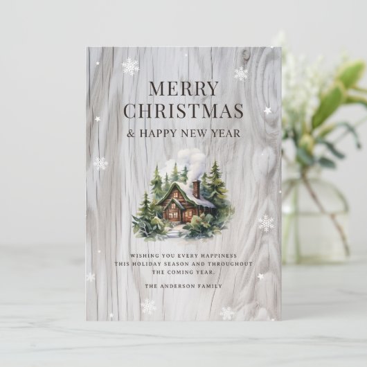 メリークリスマスログキャビン素朴ウッドスノーフレーク シーズンカード (スタンド正面)