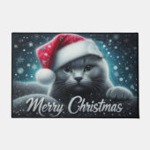 メリークリスマスロシアのブルー猫、クリスマスサンタ猫 ドアマット (正面)