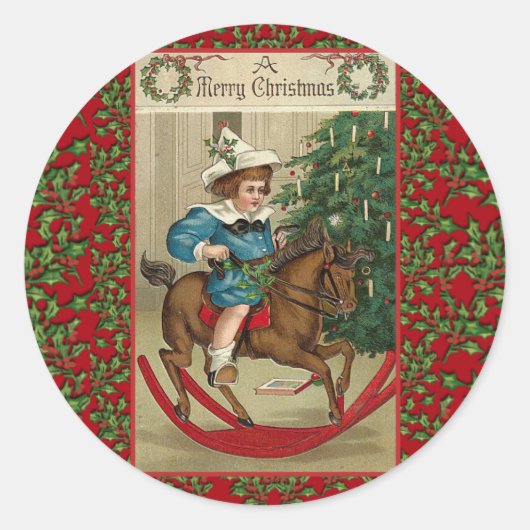 メリークリスマスロッキングホースヴィンテージアート ラウンドシール (正面)