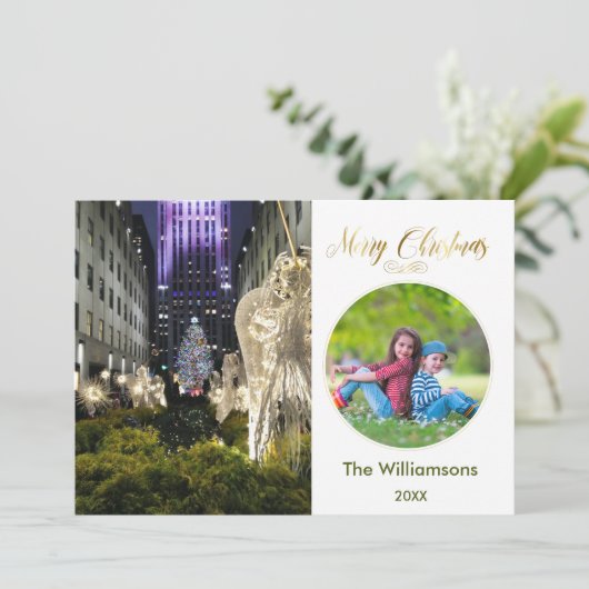 メリークリスマスロックフェラーの木と家族写真 カード (スタンド正面)