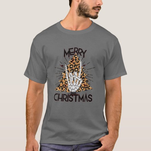 メリークリスマスロックNロールハンドサインLeopard Chri Tシャツ (正面)