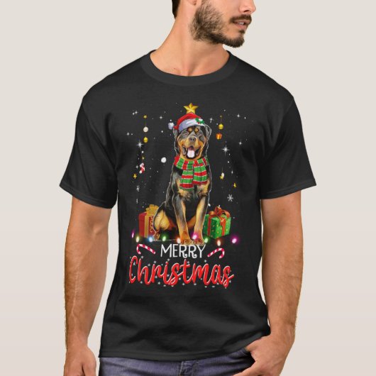 メリークリスマスロットワイラーサンタハットツリーライトP Tシャツ (正面)
