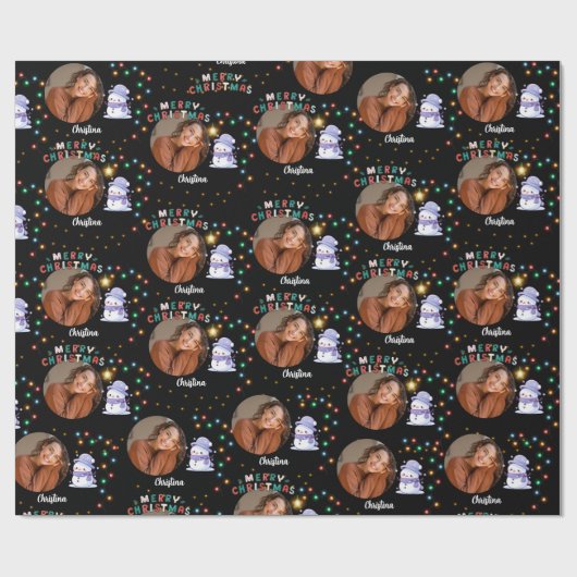 メリークリスマスワンサークル写真と名前雪だるま ラッピングペーパー (フラット)