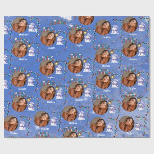 メリークリスマスワンサークル写真と名前雪だるま ラッピングペーパー (フラット)