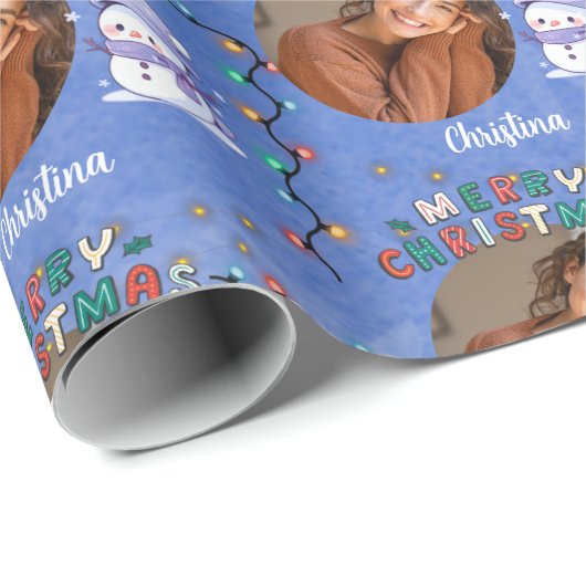 メリークリスマスワンサークル写真と名前雪だるま ラッピングペーパー (ロールコーナー)