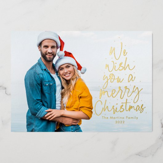 メリークリスマスワンフォトおもしろいユニーク型 箔シーズンカード (正面)
