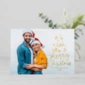 メリークリスマスワンフォトおもしろいユニーク型 箔シーズンカード (立ち正面)