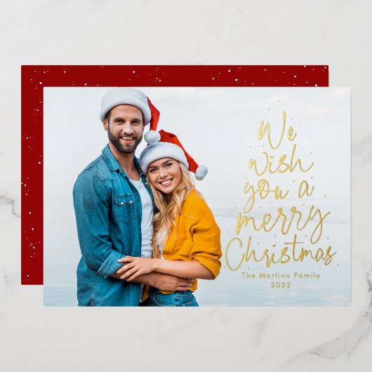 メリークリスマスワンフォトおもしろいユニーク型 箔シーズンカード (正面/裏面)