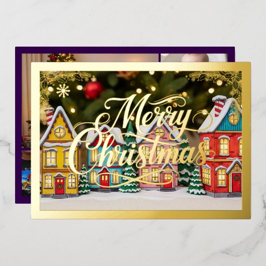 メリークリスマスヴィレッジハウスパープル金ゴールド 箔シーズンカード (正面/裏面)