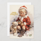 メリークリスマスヴィンテージの子とテディベア シーズンカード (正面/裏面)