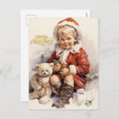 メリークリスマスヴィンテージの子とテディベア シーズンポストカード (正面/裏面)