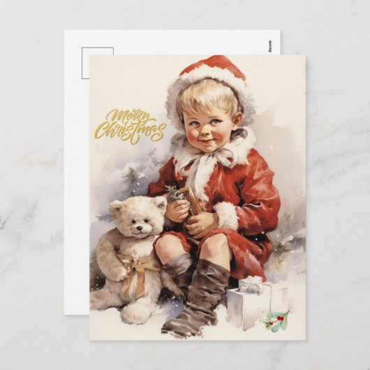 メリークリスマスヴィンテージの子とテディベア シーズンポストカード (正面/裏面)