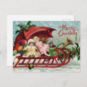 メリークリスマスヴィンテージの子ども達がサンタそりで シーズンポストカード (正面/裏面)