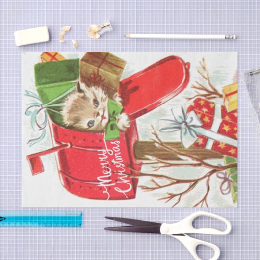 メリークリスマスヴィンテージの子猫が郵便受け 薄葉紙 (クラフト)