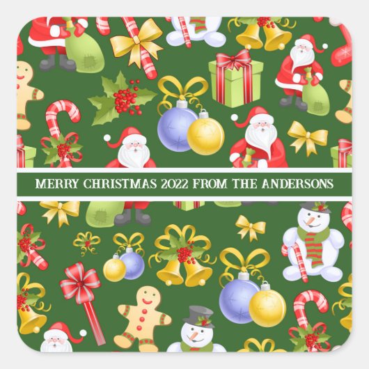 メリークリスマスヴィンテージの家族の名前と年 スクエアシール (正面)
