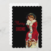 メリークリスマスヴィンテージの少女が赤いコートを着た シーズンカード (正面/裏面)