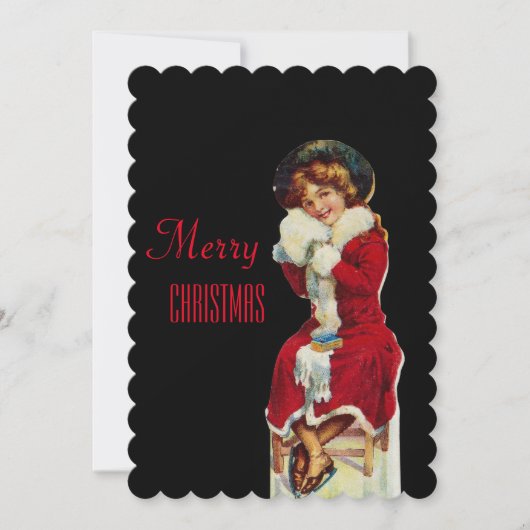メリークリスマスヴィンテージの少女が赤いコートを着た シーズンカード (正面)