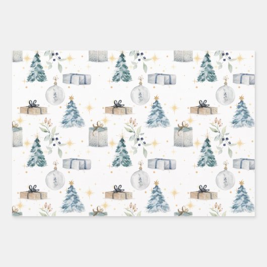 メリークリスマスヴィンテージの水色の木の球体 ラッピングペーパーシート (正面)