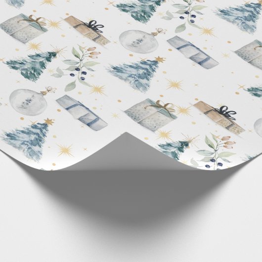 メリークリスマスヴィンテージの水色の木の球体 ラッピングペーパー (角)