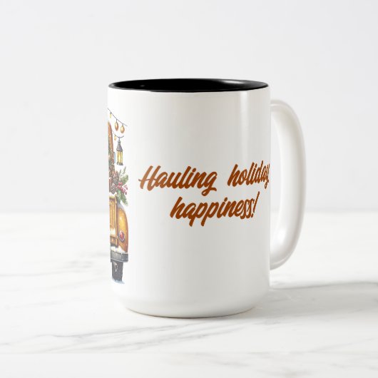 メリークリスマスヴィンテージイエロートラック ツートーンマグカップ (正面右)